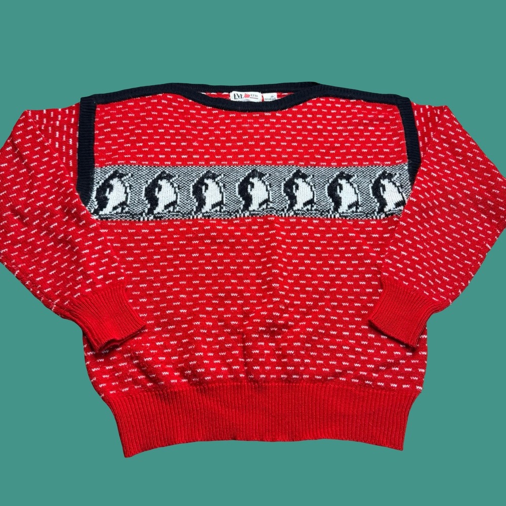 Vintage EVE LTD Sweater Size 44 M Red Penguin Christmas Knit Grandma 80s